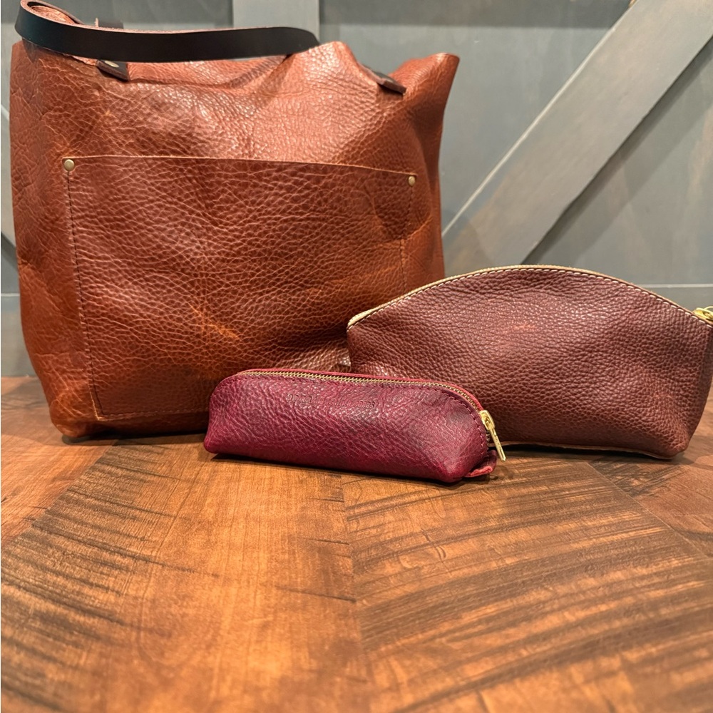 Portland Leather Brown Tote with Burgundy and Wine Pouches